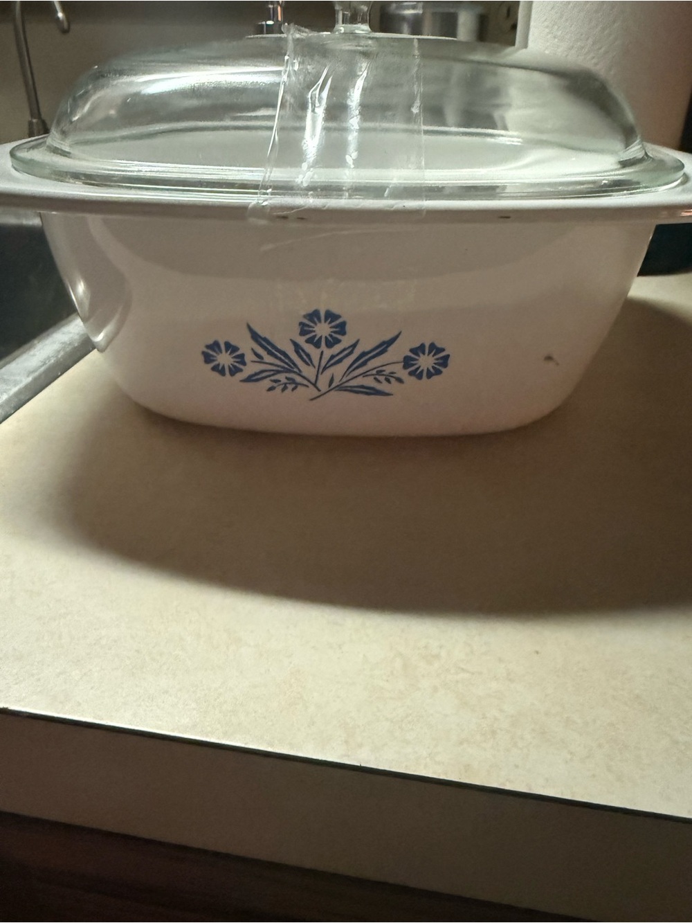 Corningware White Covered Casserole with Blue Floral Design